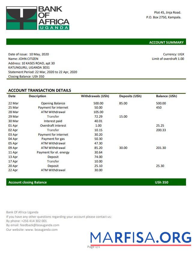 Blank Uganda Bank of Africa proof of address bank statement word template